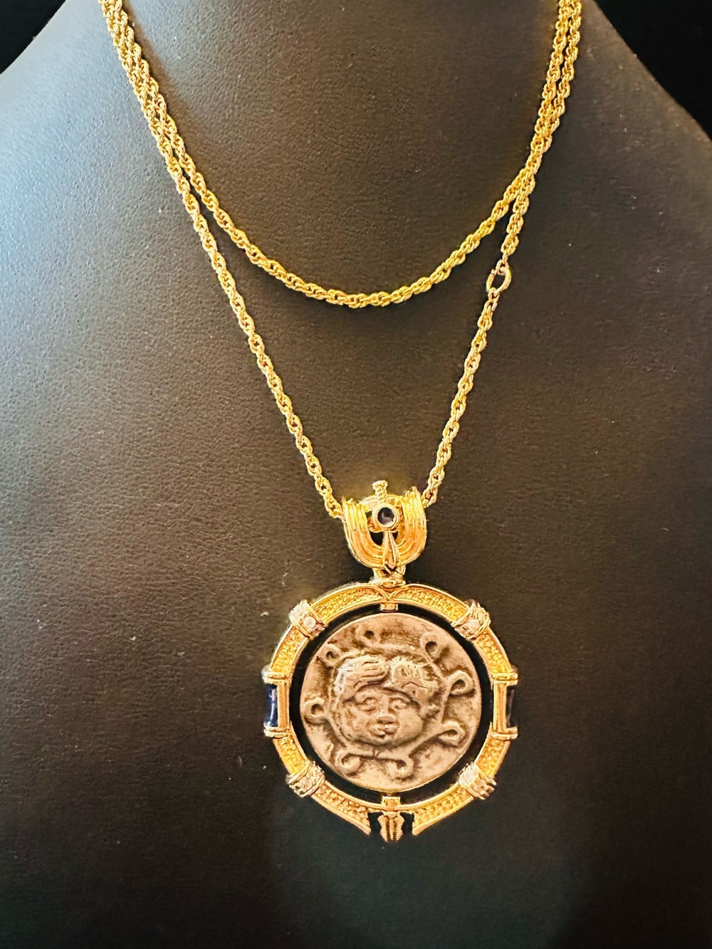Greek Coin Pendant/ Gold Chain Gorgoneion head of mythological monster Medusa.